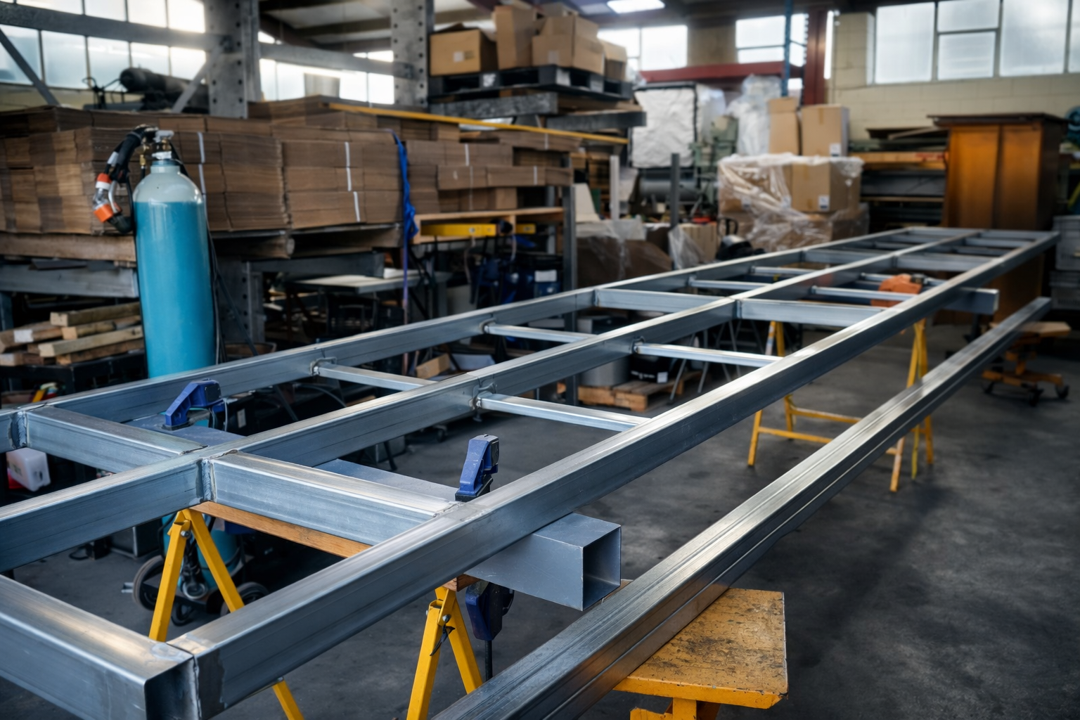 Fabricated metal brackets and assemblies on a workshop bench